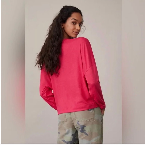 Anthropologie Pink ribbed Long Sleeve V-Neck Top - Picture 3 of 5